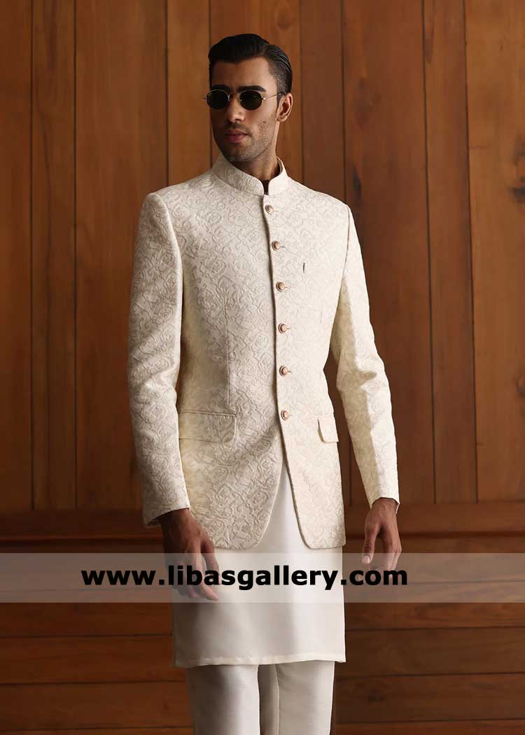 Light Beige Self Embroidered Wedding Prince Coat