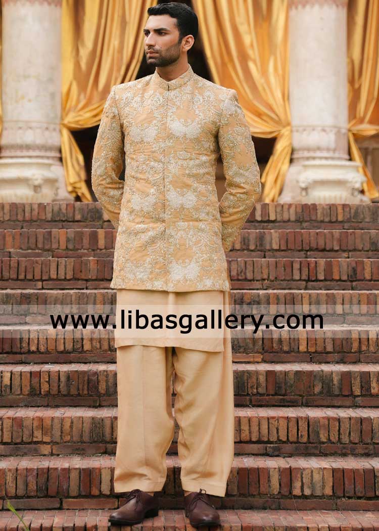 Taj embroidered light beige prince coat for groom with timeless silk sequins embroidery Dubai UK Canada USA Australia