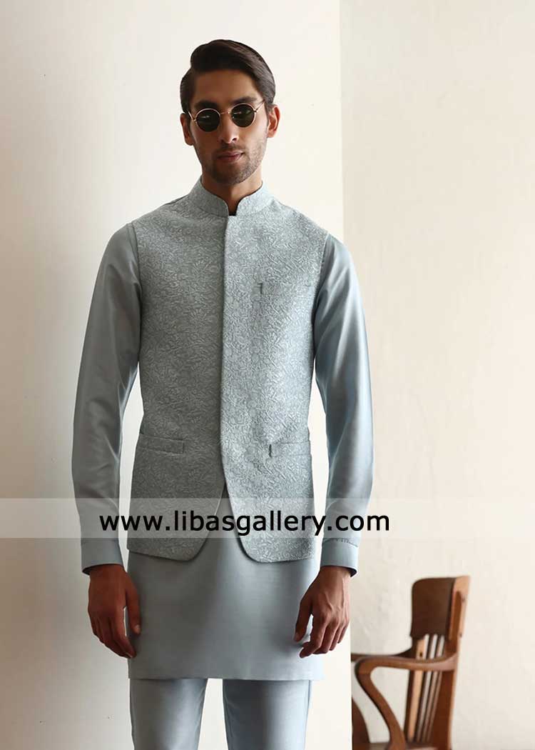 Light Blue Embroidered Groom Designer waistcoat 