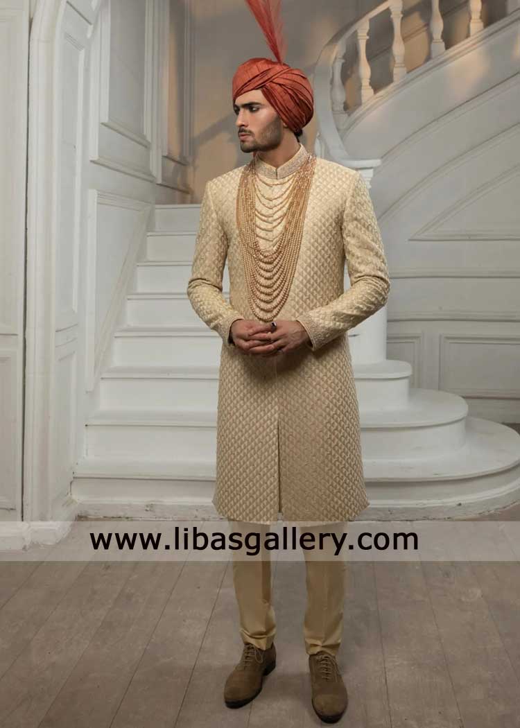 Light Gold Luxe Sherwani Hand Embellished for Nikah Barat