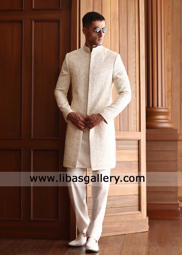 Luxury Cream Hand Embroidered Short Sherwani for Groom | Libas Gallery Wedding Sherwani for Nikah UK USA Canada Dubai Australia