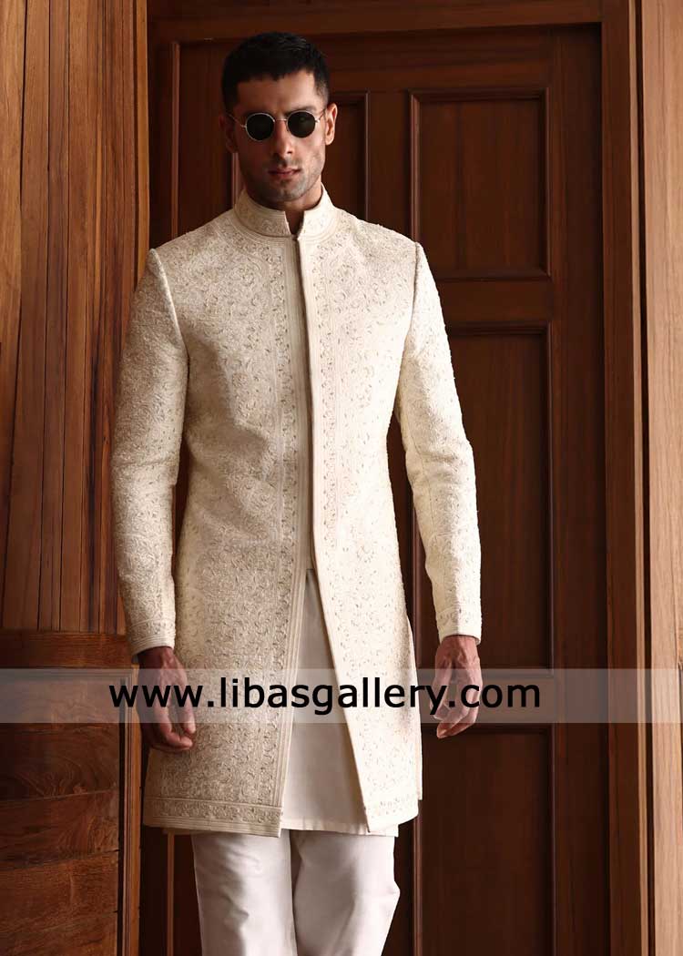 Luxury Cream Embroidered Short Sherwani for Groom