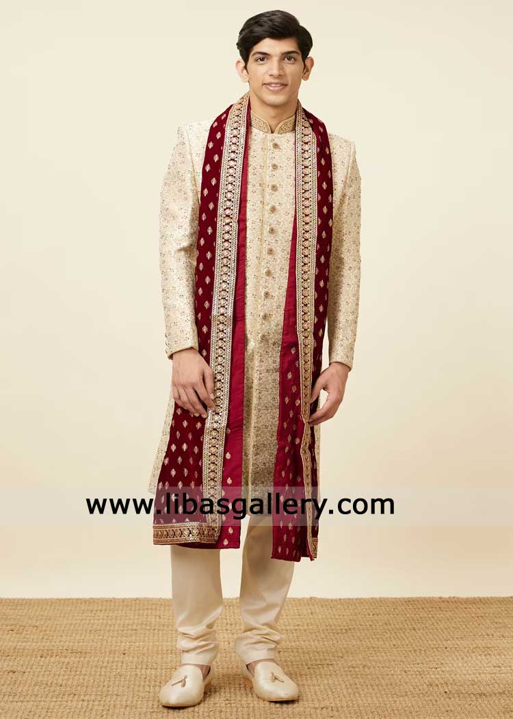 Maroon Embroidered Shawl for Groom Nikah Sherwani