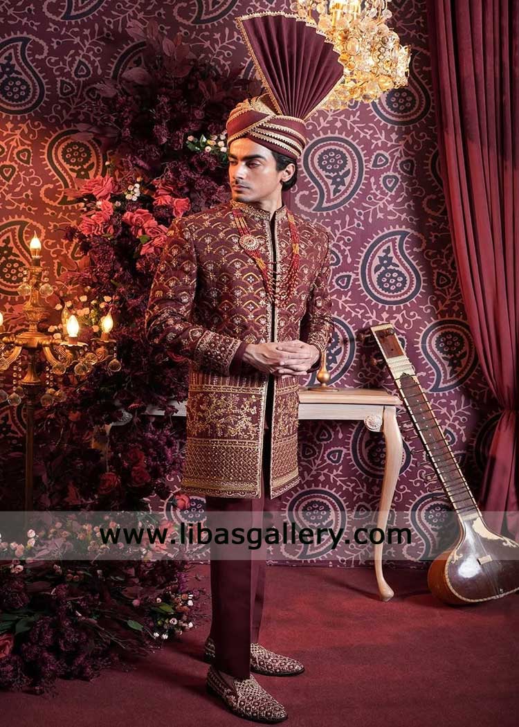 Regal Maroon geometric hand embroidered jaal sherwani