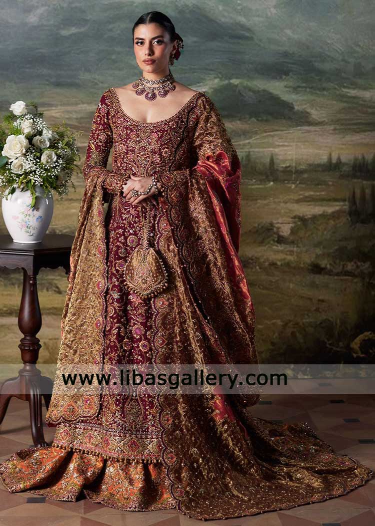 Luxurious Maroon Jamawar Bridal Lehenga for modern bride 