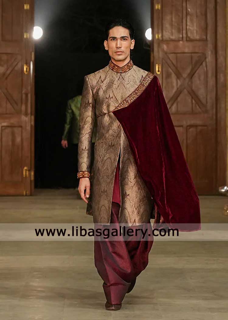 Maroon and Gold Jamawar Groom Wedding Sherwani