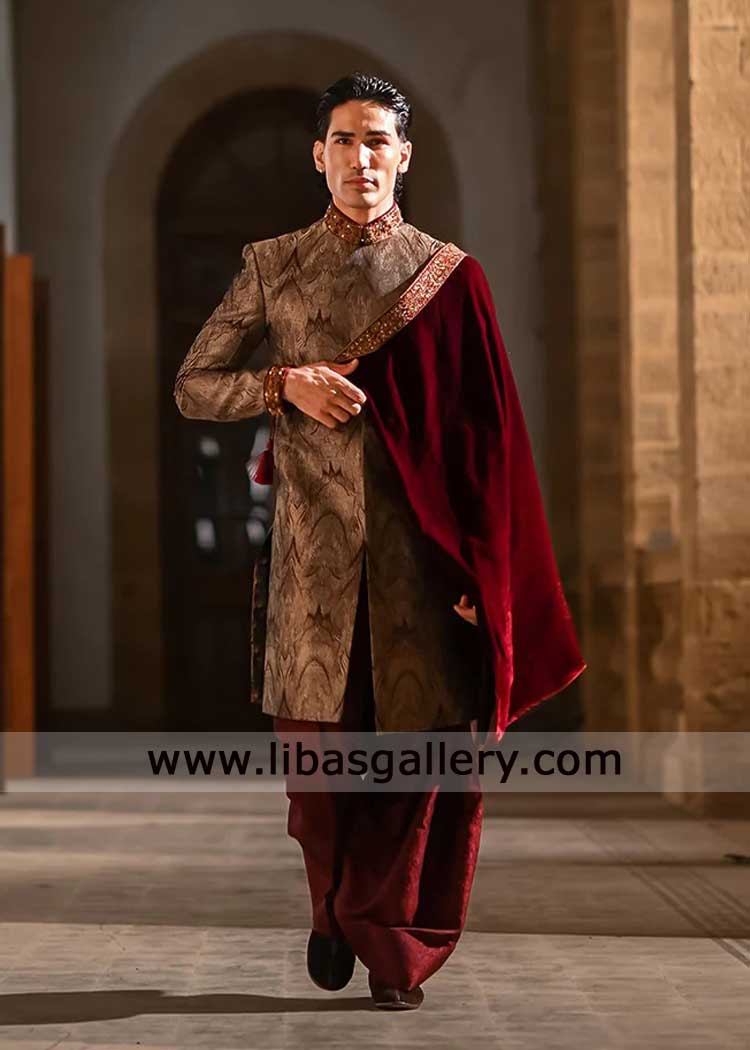 Maroon and Gold Jamawar Groom Wedding Sherwani