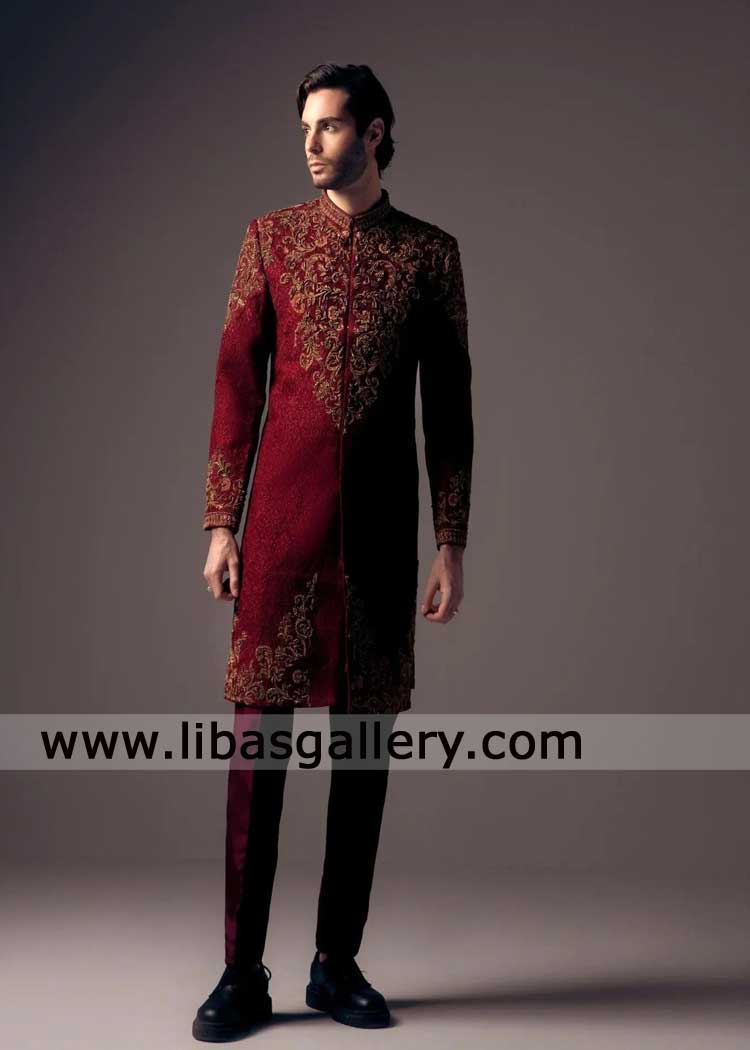 Regal maroon silk sherwani intricate self and antique embellishments craftsmanship shines through copper red accents London California Dubai