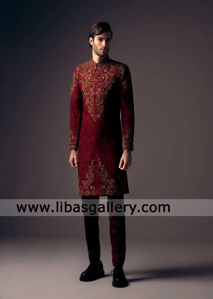 Majestic Maroon Raw silk Sherwani for Groom Nikah
