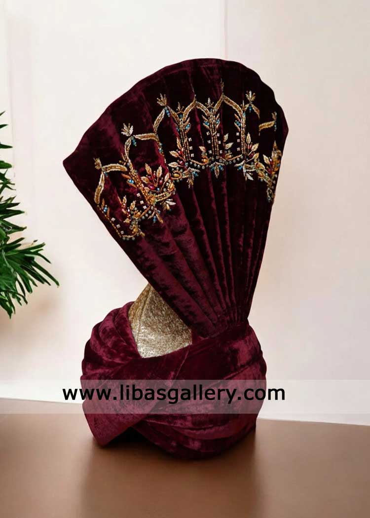 Maroon Luxury Velvet Groom Turban for Nikah 