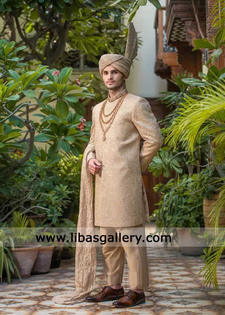 Mat gold embroidered Groom Nikah Sherwani 
