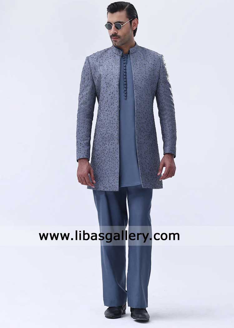 Medium Blue Embroidered Groom Prince Coat