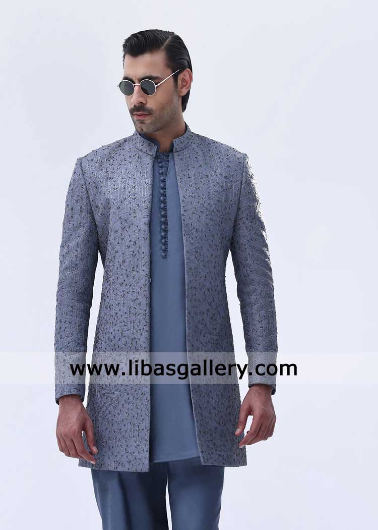Medium Blue Embroidered Groom Prince Coat