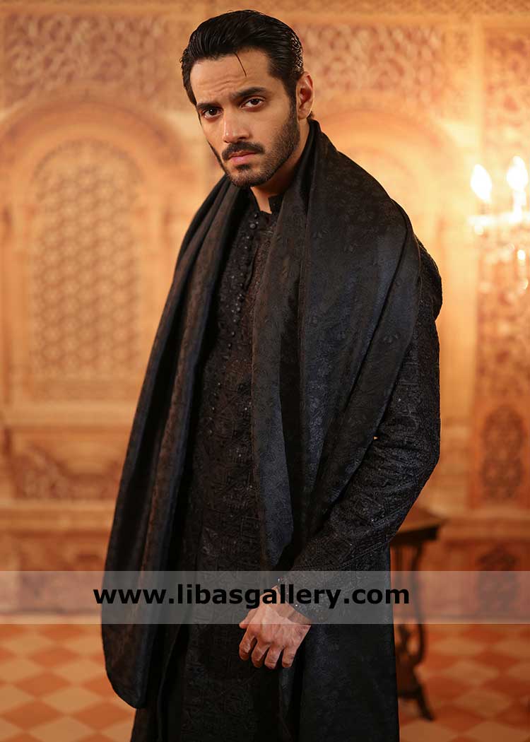 Men Jamawar Black Shawl for Engagement Occasion
