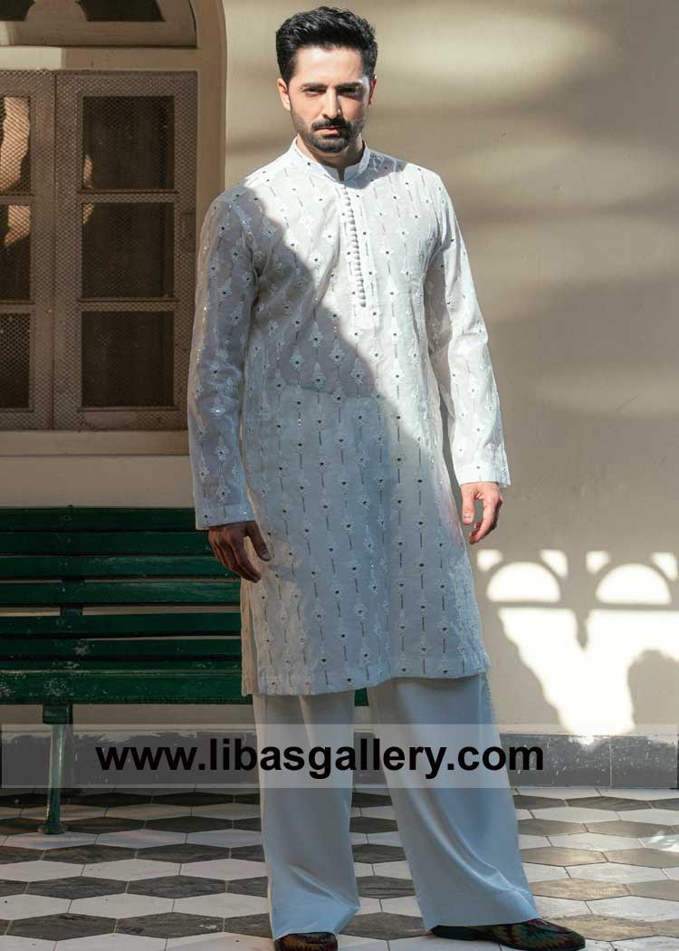 Salt White Kurta Pajama with Embellished Motifs and Pleated Collar for Men Danish Taimoor in sunlight Edinburgh Glasgow Inverness London Southhall UK