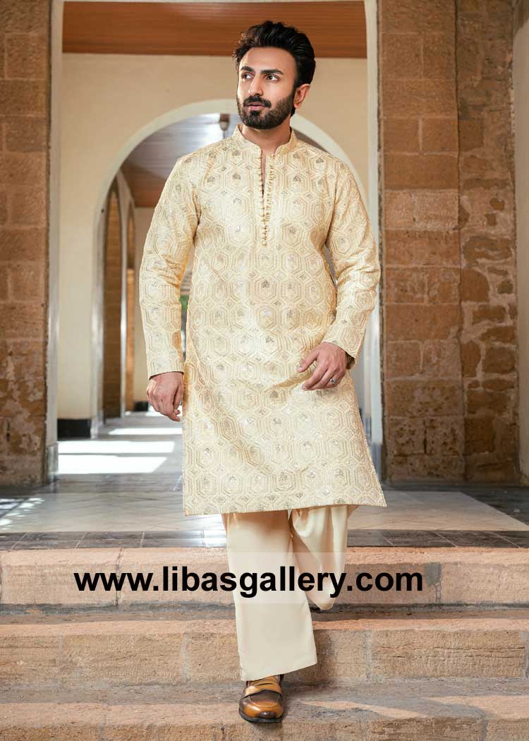 Men Embroidered Buff Gold Kurta Pajama Set for Eid Occasion with Loop Button Closure and band collar Pennsylvania Florida Ohio Toronto Dubai Perth Milton Keynes