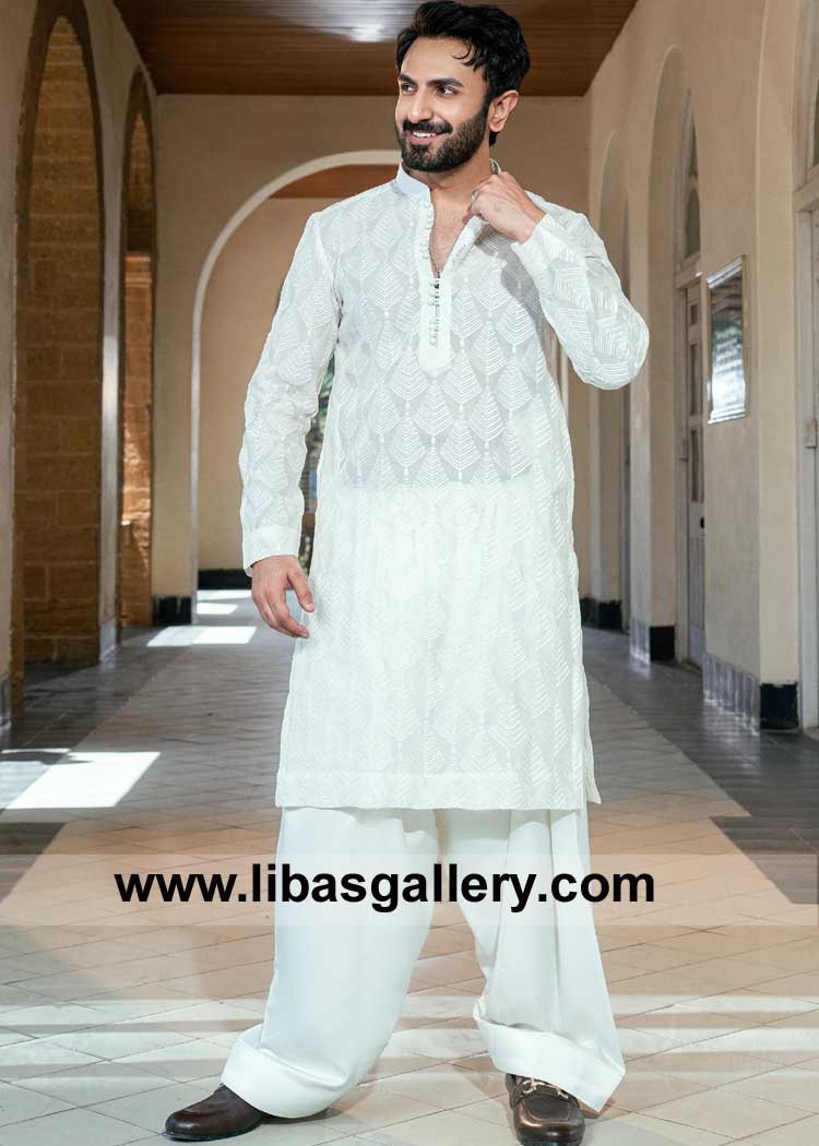 Men milky white embroidered kurta and pajama set featuring embellished embroidery patterns with loop buttons Maryland Quebec Dubai Sheffield Sydney