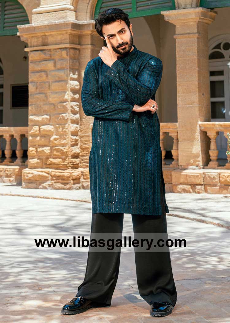 Emerald green embroidered kurta Pajama set for Men Eid occasion with embroidery Loop buttons and band collars New York City Buffalo Rochester USA