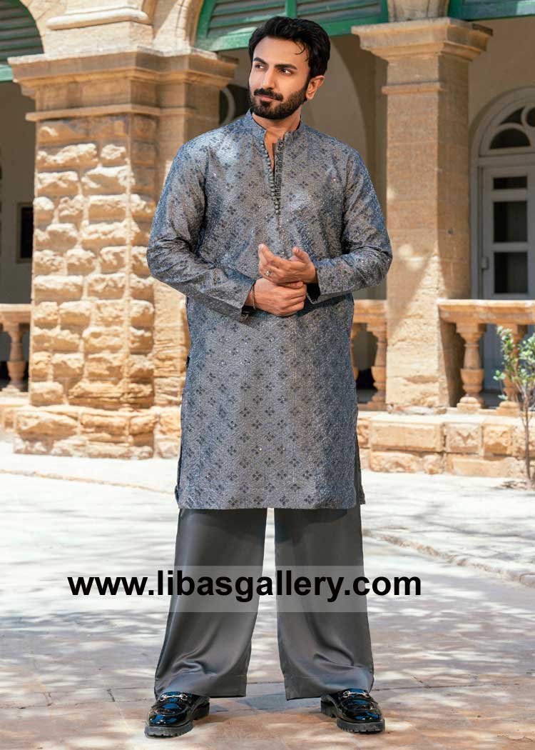 Slate grey embroidered Men Eid kurta pajama set featuring floral embroidery patterns with loop buttons closures fast delivery UK USA Canada Australia Dubai