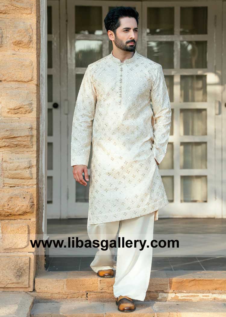 Off white cream embroidered Men kurta and pajama set Danish Taimoor looking smart in kurta with a band collar and loop buttons UK USA Canada Australia Dubai