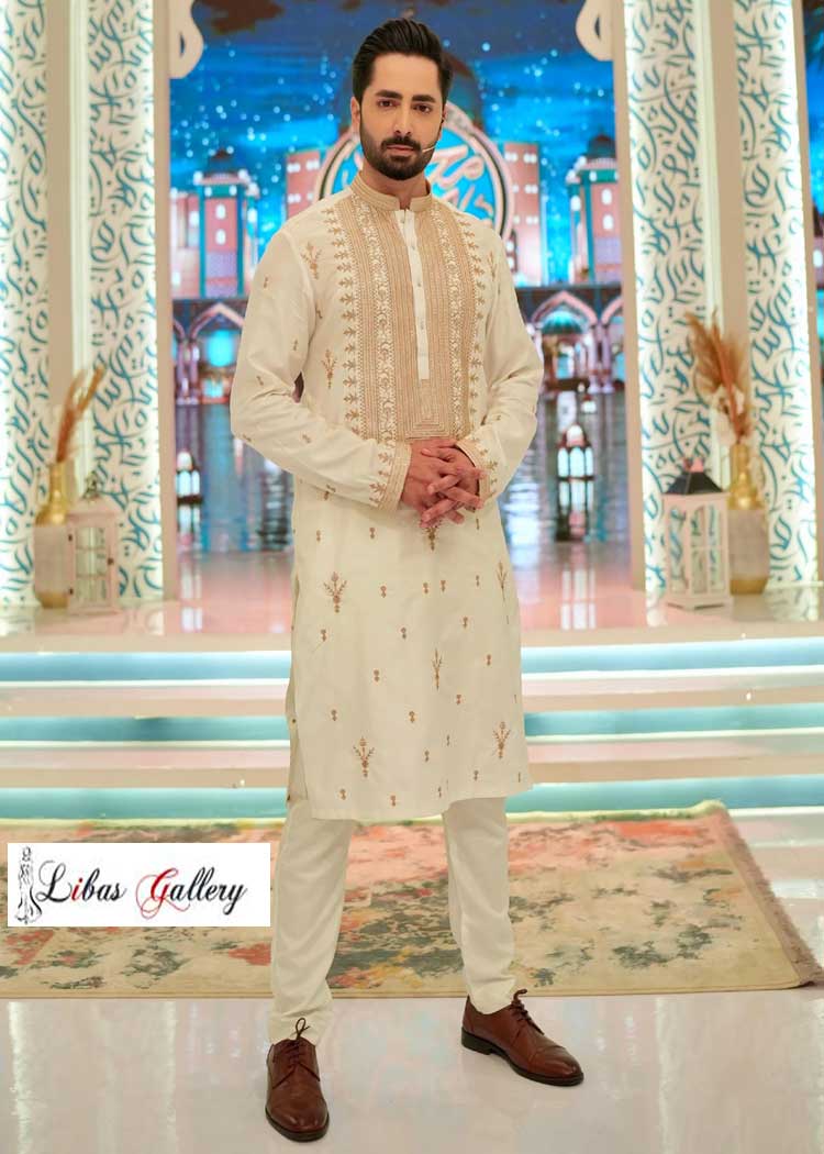 Bespoke Ivory Neck embellished kurta and pajama Suits for Men to wear on Eid and any Occasion to look different Baltimore Denver Chicago Jacksonville Las Vegas USA.