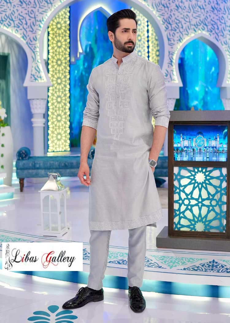 Ash Gray Neck Embroidered Men Kurta Pajama for Eid and other Event