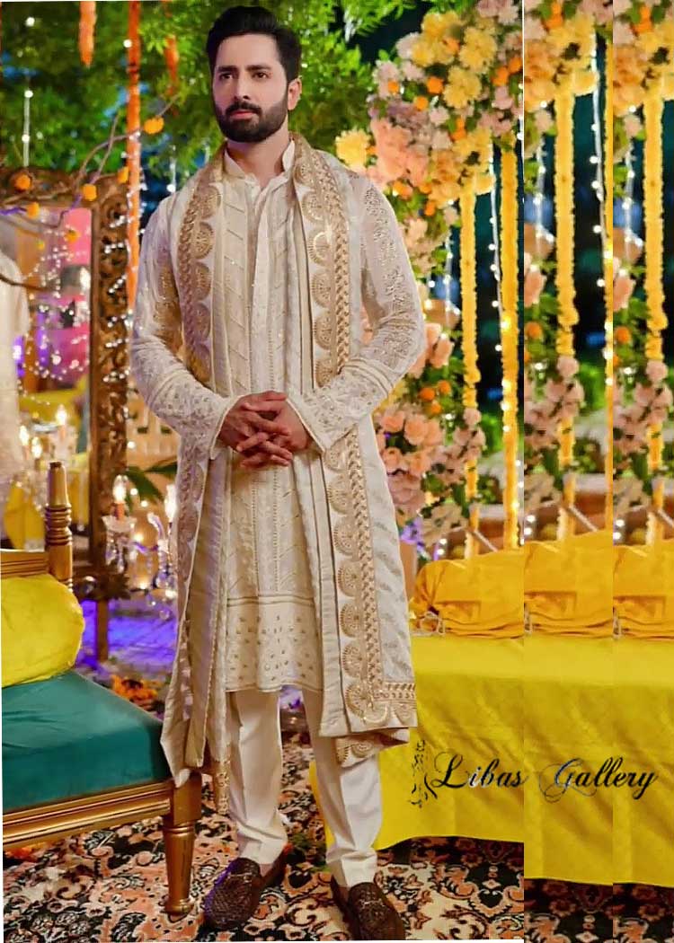 Danish Taimoor in Ivory gold Embroidered Kurta with ivory gold shawl to pay guard of honor to Bride on Mehndi night Event UK USA Canada Australia Dubai