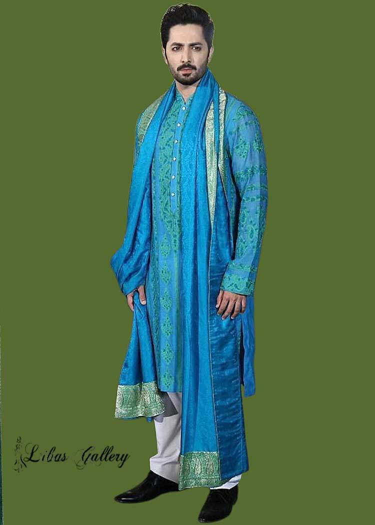 Danish Taimoor in Turquoise Men Embroidered Occasion Kurta Style paired with matching color shawl and white Pajama Bristol Glasgow Liver Pool UK