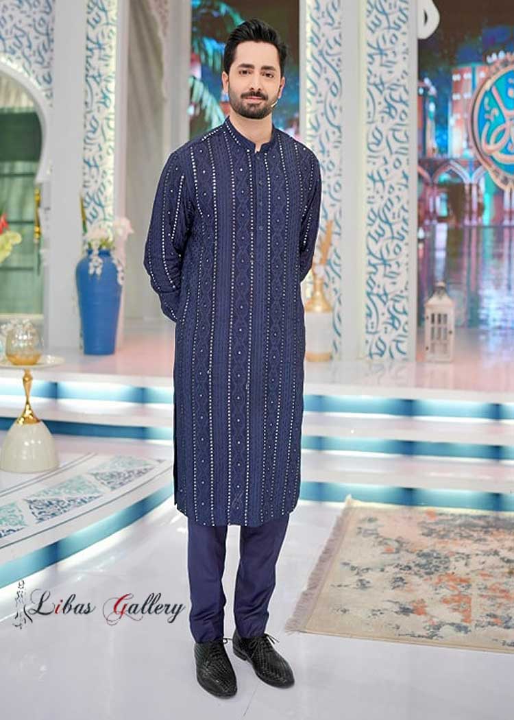 Navy blue embroidered kurta pajama