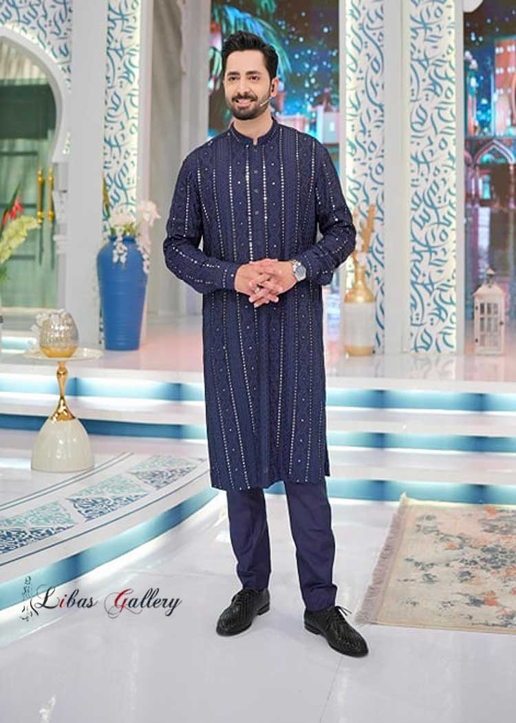 Navy blue embroidered kurta pajama