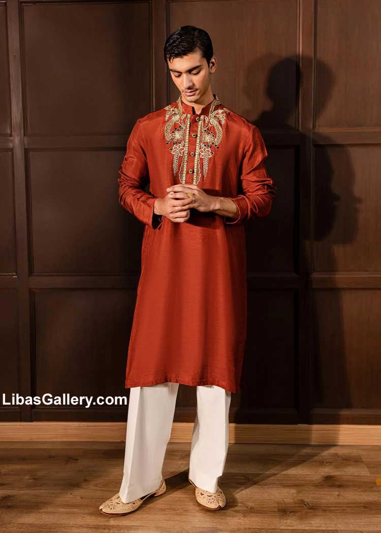 Rustic orange Men kurta hand embellished neckline and beautiful adda work buttons and Pants South Carolina South Dakota Tennessee USA