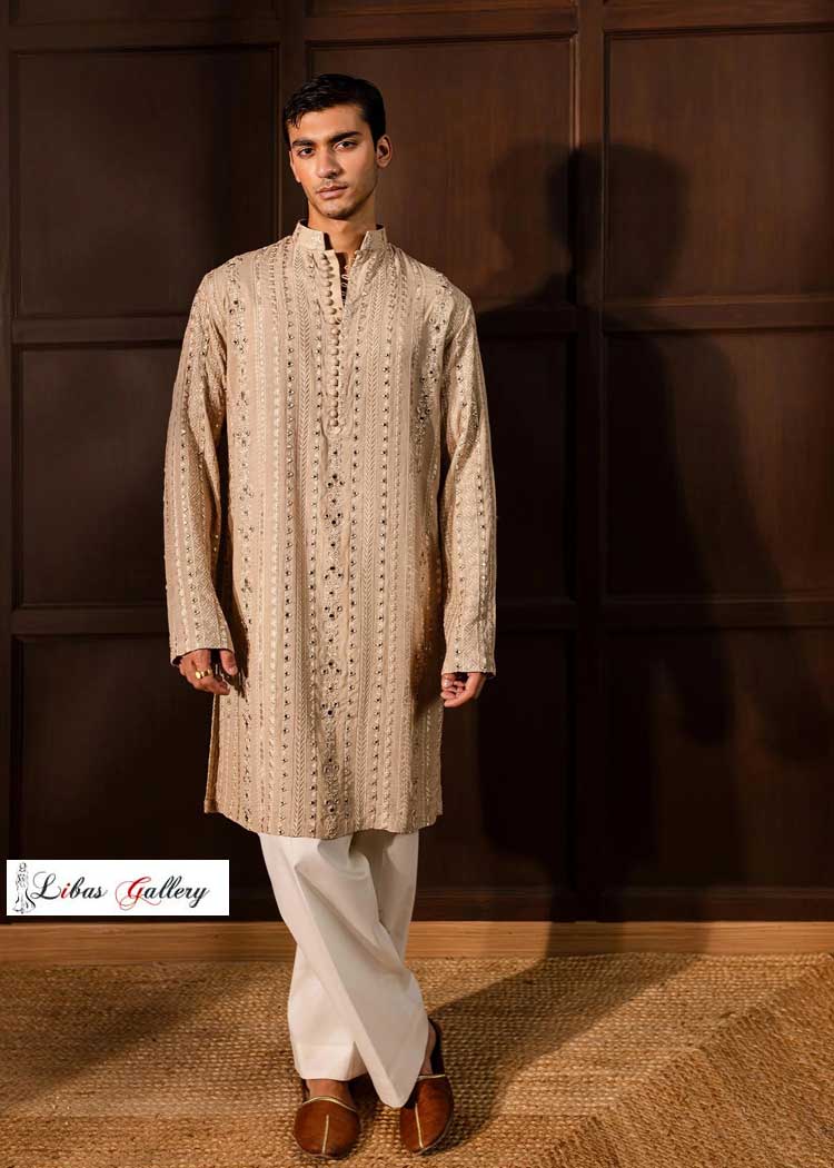Men kurta in Oat shade with thread and Sheesha work paired with white pants to celebrate party and festive Mississippi Minnesota Nevada USA
