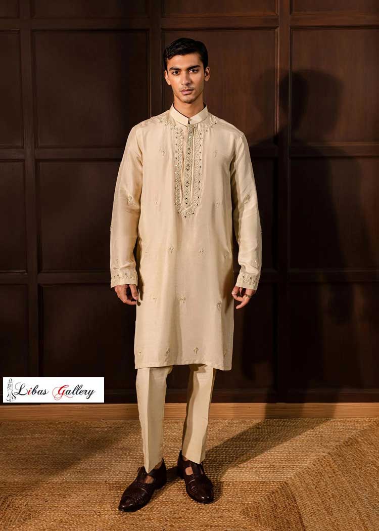 Male kurta Oat Color with sheesha and Dori work Aztech paired with matching pants Maryland Annapolis Baltimore Massachusetts USA