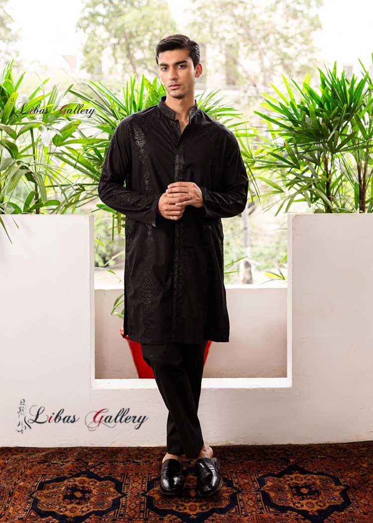 Black Kurta front open in sherwani style  in Cotton with self embroidery paired with pants Peterborough Plymouth Portsmouth UK
