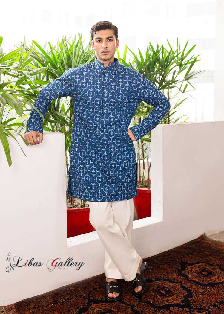 Navy blue cotton kurta with Turkish style embroidery paired with pants Brisbane Toronto Dubai Washington