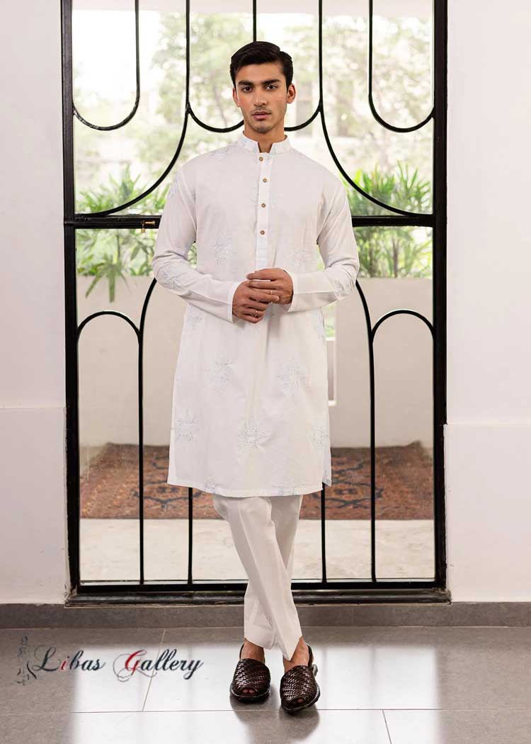 White kurta with Ice Blue embroidered motifs from thread paired with white trouser ideal for occasion and dinner party Perth Colorado Alberta Dubai UK