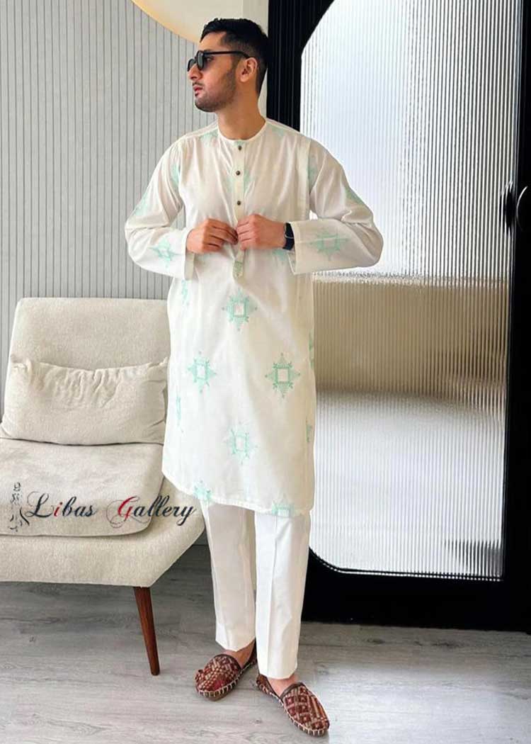 Lucknawi style White Blue Kurta Pajama for Men