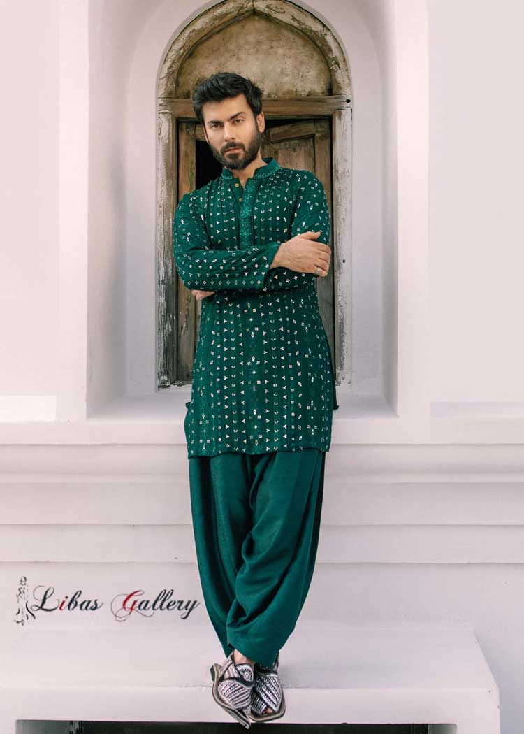 self embroidered jade green hand mirror work Men kurta for Engagement and Occasion with zardozi work on collar Doha Sydney London Toronto Dubai