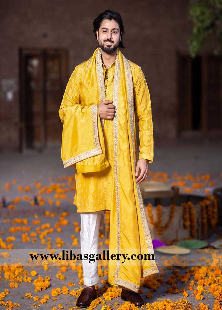 Yellow embroidered Men kurta for Mehndi event