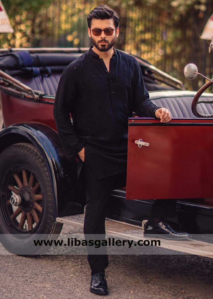 Fawad khan in Black Raw silk hand embellished motifs kurta pajama suit for occasion Sugarland Sydney Toronto Dubai London