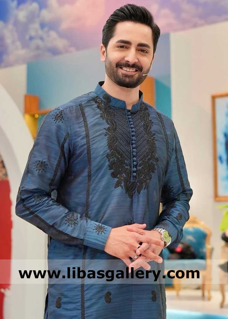 Embroidered Men Kurta Blue Black with Metal Button 