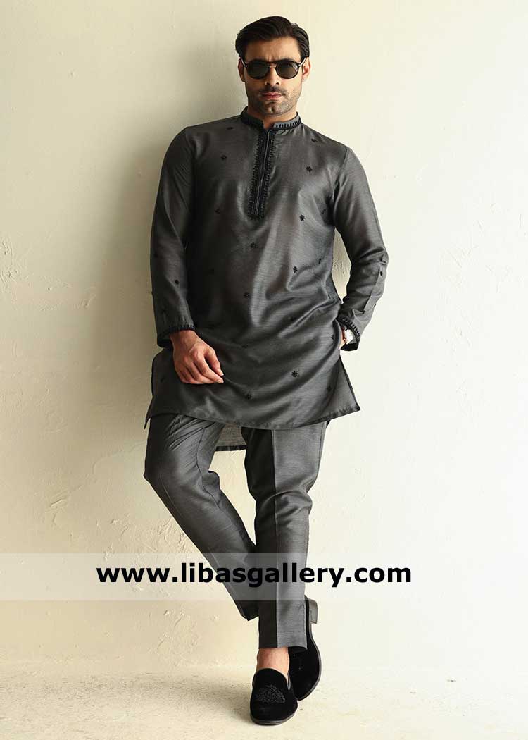 Hand Embroidered men kurta Pajama in dark gray, Khaddi silk embroidered gray kurta pajama, hand embroidered kurta collar New York Ontario Dubai