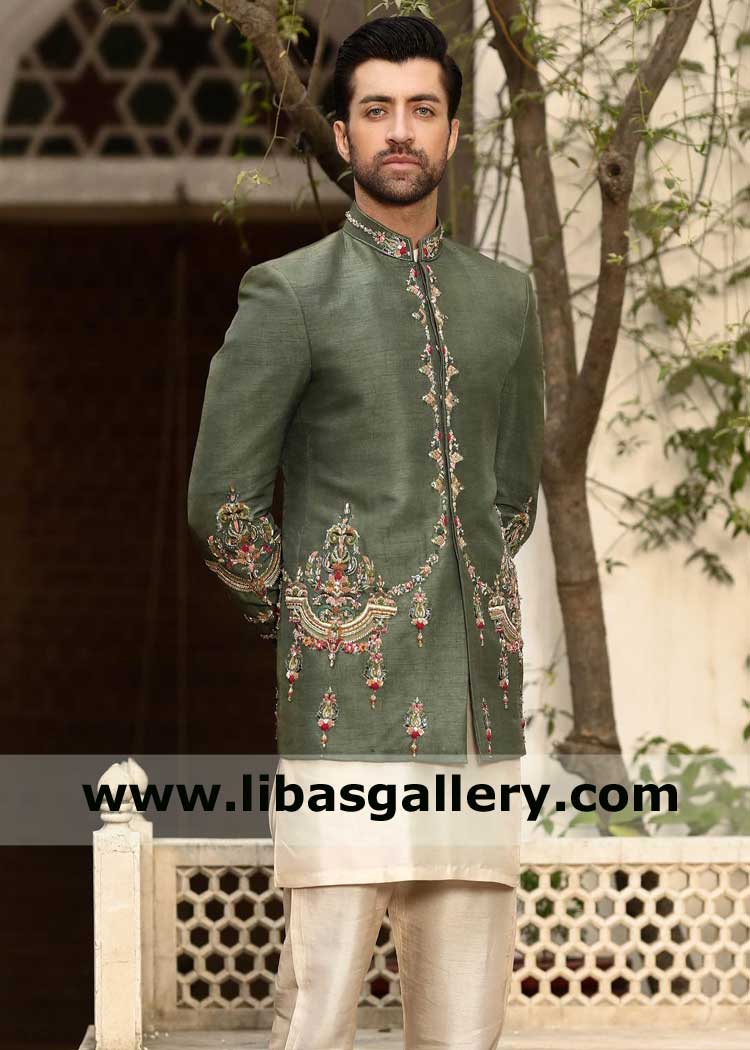 Olive Drab Green Men Prince Suit hand embelllished dabka thread sequins for Wedding Events with contrast inner kurta and ciggarette pants 