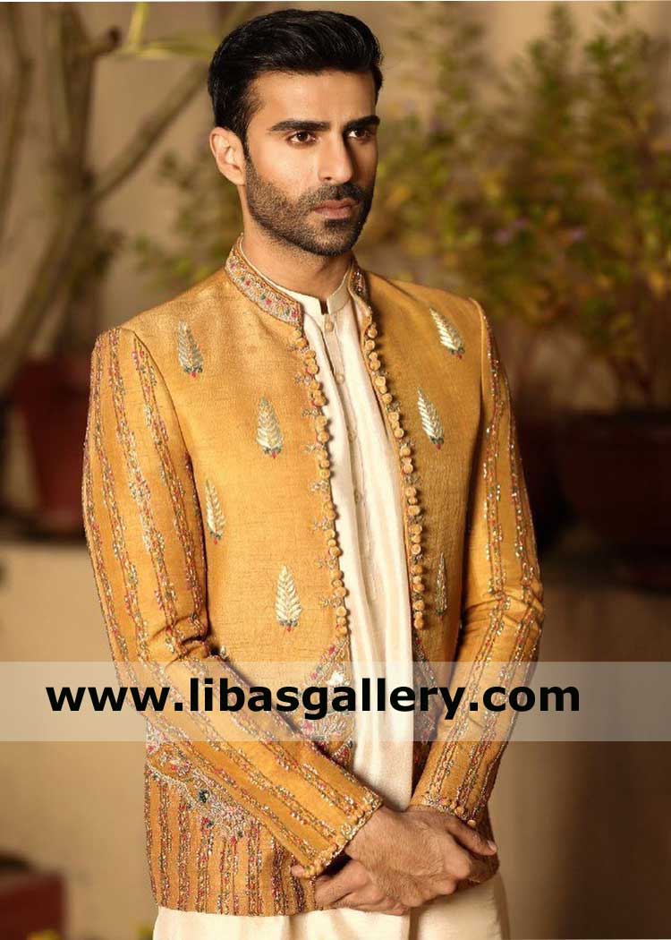 Mustard Raw Silk multi thread Embroidered Men Prince Suit for Wedding Nikah Walima Day with Raw silk kurta trouser and matching shoes USA Saudi Arabia Singapore Slovakia