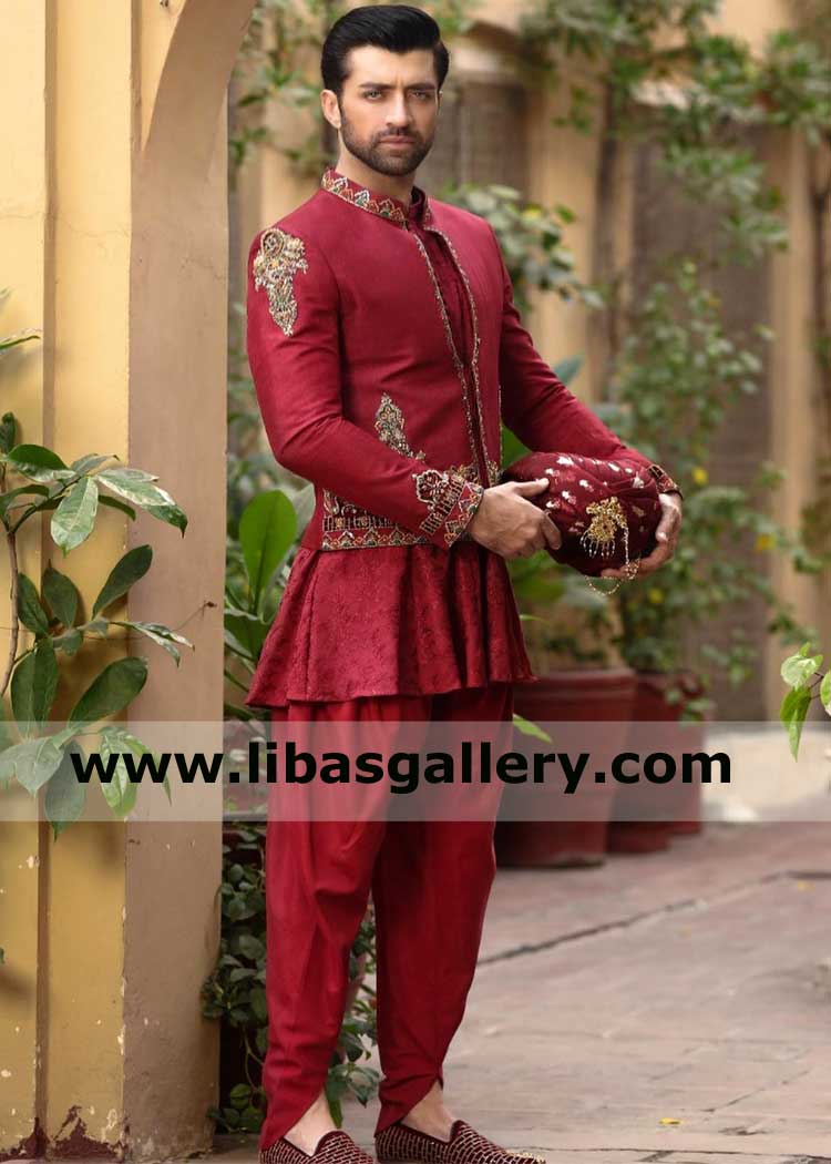 Men Awesome Maroon Embroidered Wedding Prince Coat for Nikah Barat