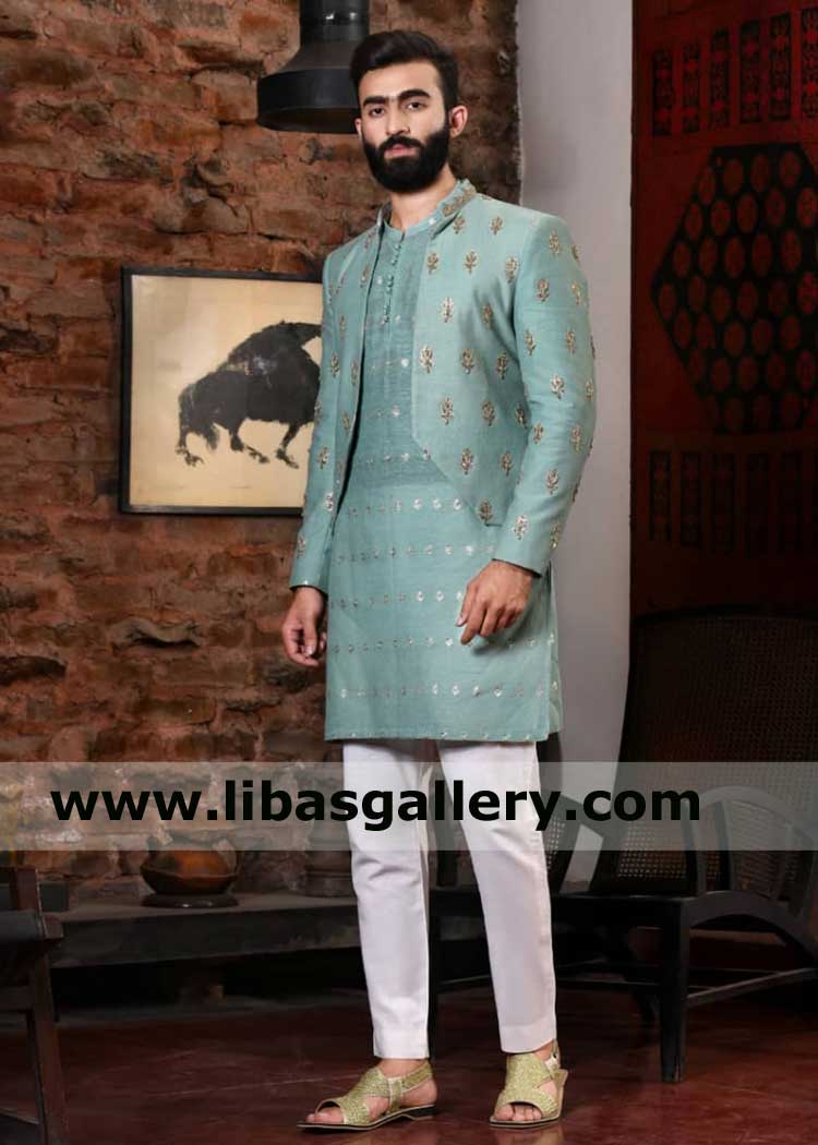Aqua Green Front open button less Prince Suit for Men with Tilla hand Embellished Motifs on Front sleeves available with matching kurta white pajama New york Chicago Sugarland USA