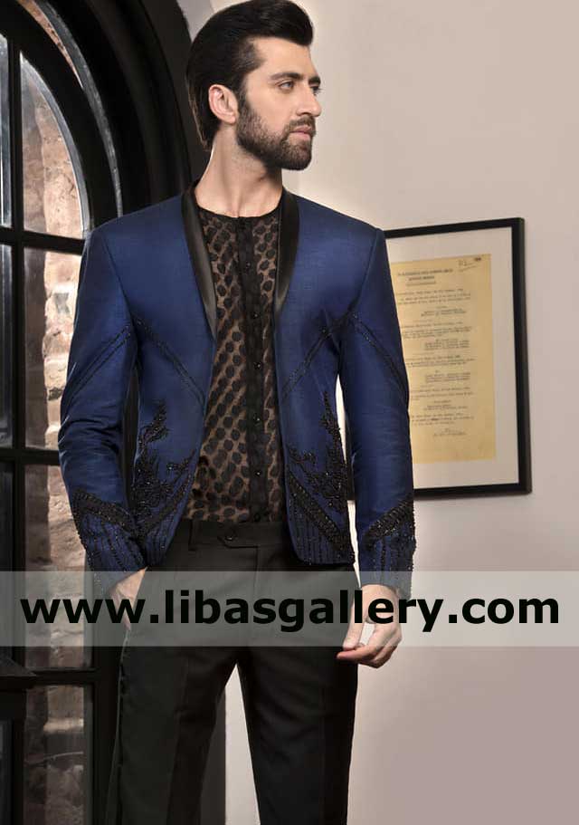 Classic navy blue embroidered raw silk open tuxedo with black silk lapels