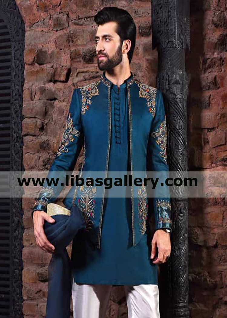 Pure Raw Silk Open Button less Men Embroidered Prince Coat in Zinc Blue with Raw silk matching kurta and Trouser London Birmingham Liverpool UK