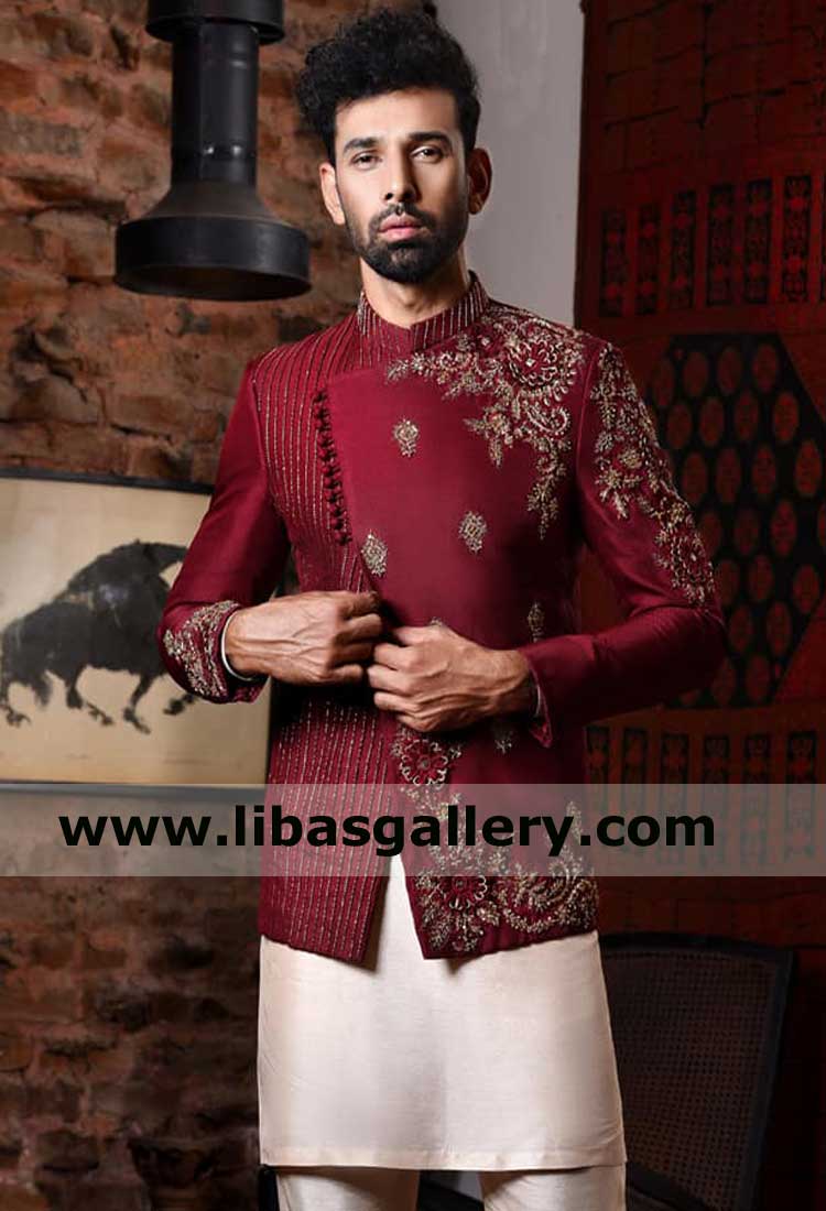 Majestic maroon Raw silk Angrakha style prince coat