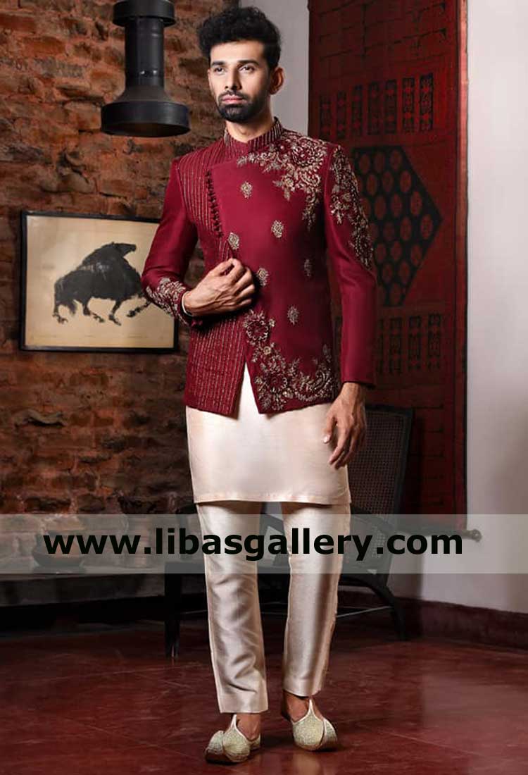 Majestic maroon Raw silk Angrakha style prince coat